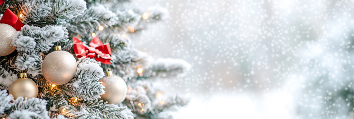 Snowy Christmas Tree with Golden Baubles and Red Bows