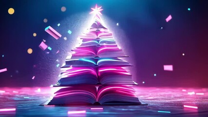 Creative display of a christmas tree made of books with floating pages and modern lighting
