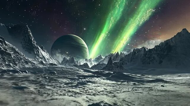 Alien Planet Aurora: A breathtaking digital painting of an alien landscape, featuring a vibrant green aurora borealis illuminating snow-capped mountains and a distant planet.