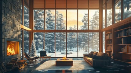 Fototapeta premium A beautiful room with a view of falling snow, cozy, large windows, winter, warm lighting, elegant decor, snowy landscape. Generative AI. 
