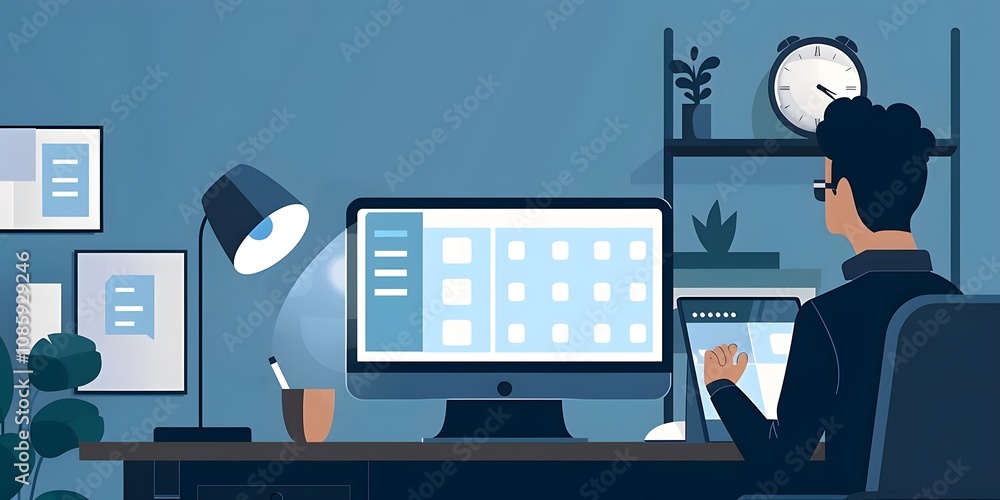 Aufkleber a person working at a desk with a computer and tablet in a modern office setting.