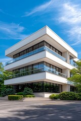 Modern White Office Building in Serene Urban Oasis - Architectural Harmony in Lush Surroundings Real Estate Photography