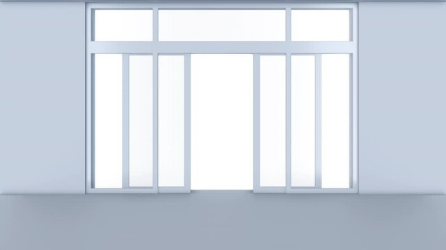 Double sliding automatic glass doors in clean interior. Entrance or exit to supermarket, train station or office. Realistic 3d animation with alpha channel.