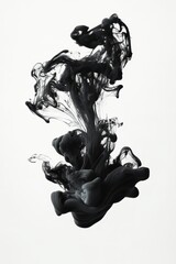 A floating ink droplet dispersing, isolated on white background, dynamic and artistic, creating a mesmerizing abstract movement.