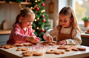 Fototapeta premium Two children decorate gingerbread cookies in a cozy kitchen surrounded by festive lights and a festive atmosphere. They focused on their creative work, adding colorful sprinkles and glazes