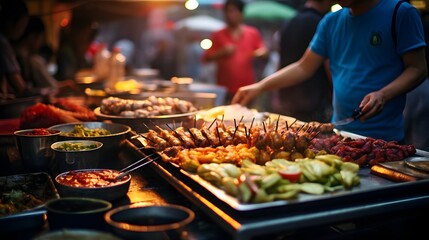 A street vendor preparing a variety of grilled dishes at a bustling night market
