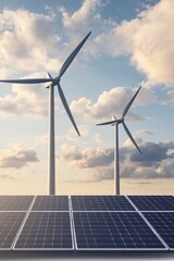 Renewable Energy Harmony Closeup View of Wind Turbines and Solar Panels Against Serene Cloudy Sky in Sustainable Energy Concept - Eco-Friendly Technology Illustration