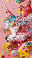 Surreal artistic depiction of a colorful cat with abstract designs