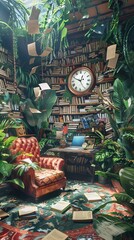 Surreal living room library with lush plants and floating pages