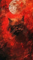 Fierce cat under a red sky with a full moon