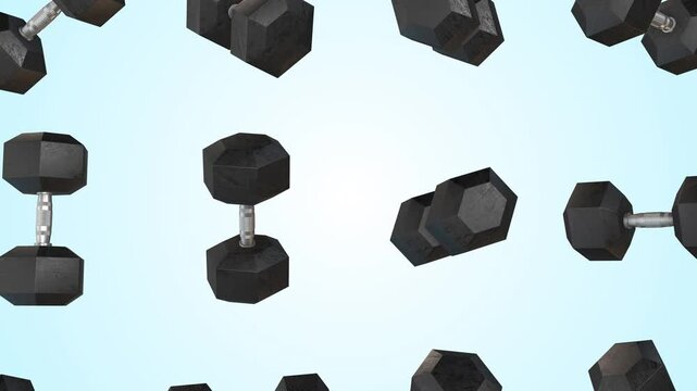 Dumbbells Falling on a Light Background. Black Hexagon Dumble with Metal Handle. 4K