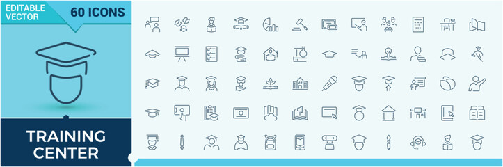 Set of Academy line icons. Contains related to globe, academy, learning, education, book and more. Isolated icons design. Editable stroke vector icon and illustration.