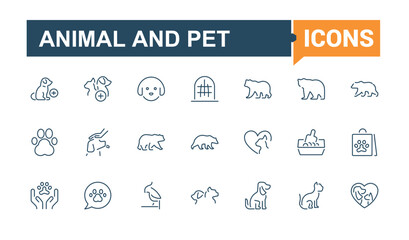 Set of Animal And Pet line icons. Related to vet, animals, animal, pet shop, veterinary, animal lymph, pet and more. Minimalist thin linear icon. Vector illustration.