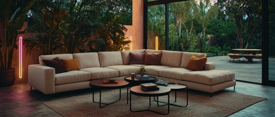 Fototapeta premium Serene Twilight Elegance Luxurious Beige Sofa in Verdant Garden View Living Room - Contemporary Interior Design