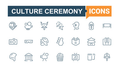 Art And Culture vector line icon set. Contains such icons as palette, television, comedy, isolated, microphone, brush, culture, paint. Collection for mobile and web apps. Editable vector stroke.