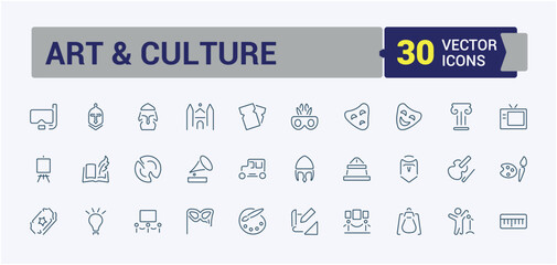 Art And Culture vector line icon set. Contains such icons as palette, television, comedy, isolated, microphone, brush, culture, paint. Collection for mobile and web apps. Editable vector stroke.