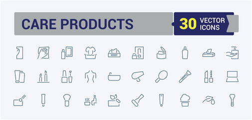 Care Products icons set in line style. Includes icons for nutritious, health, mask, acid, makeup, clean, spray. Isolated icons design. Vector illustration in modern line style.