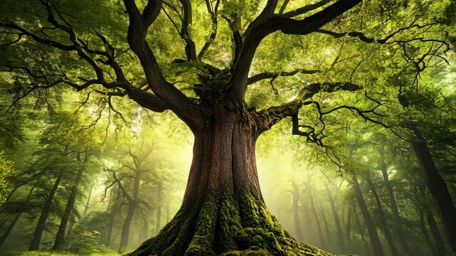 Sunlight shining through branches of giant tree