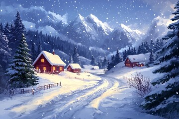 Illustration of a winter landscape with cabins in the mountains surrounded by pine trees under the snow. Christmas card, wallpaper.

