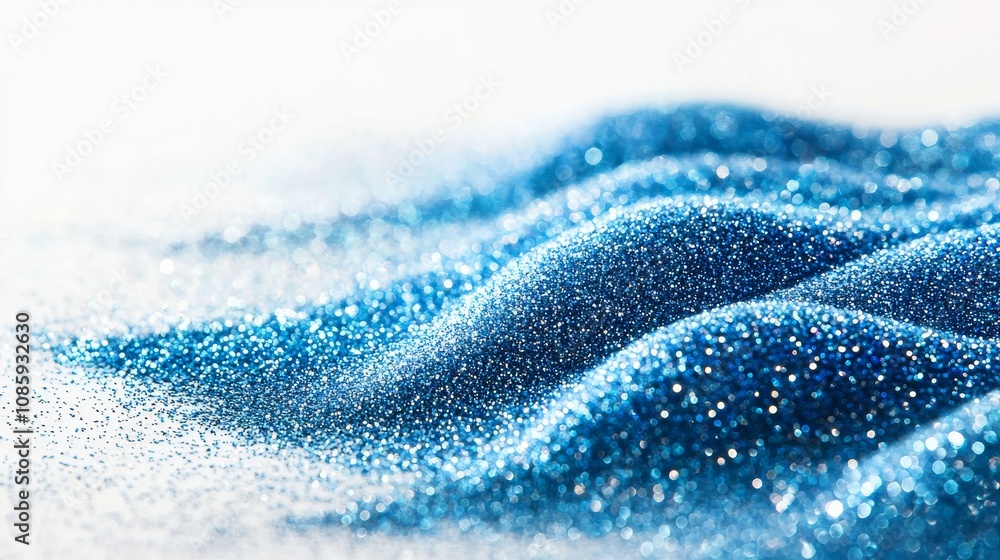 Poster a shimmering, blue surface resembling waves of sparkling sand or glitter, creating a mesmerizing and