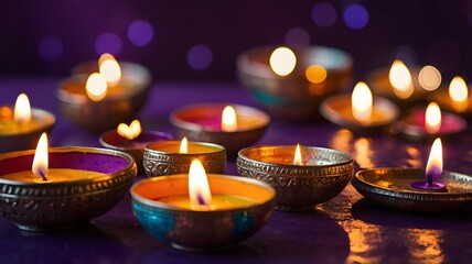 Obraz premium Beautiful Indian lamps and candles illuminating a rich Diwali scene