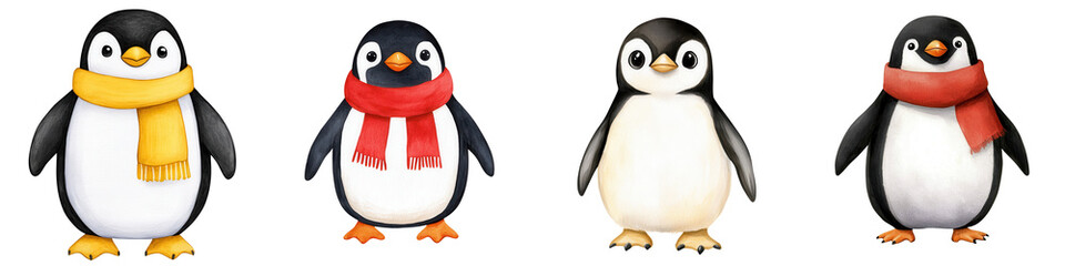 Fototapeta premium Four cute cartoon penguins wearing colorful scarves on a white isolated background.
