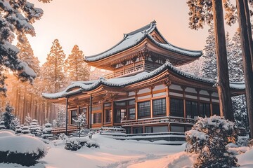 Japanese Temple Covered in Snow, Surrounded by Snowy Trees, Sunset Glow, and Tranquil Winter Scenery