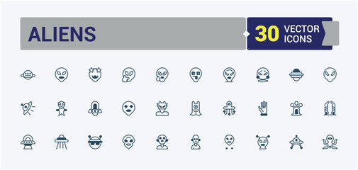Alien icon set. Related to astrobiology, universe, alien life, aliens, sci-fi, ufo and more. Minimal linear icons. Vector outline and solid icons collection.
