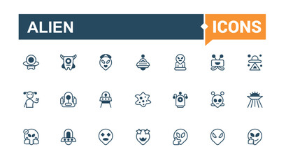 Alien icon set. Contains such icons as alien life, sci-fi, ufo, exploration mission, satellite, universe, alien visitor and more. Modern thin icons. Outline and solid pictogram.