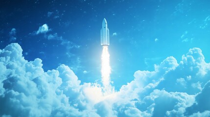 Rocket launching from a laptop screen surrounded by clouds, set against a blue background, concept of innovation.
