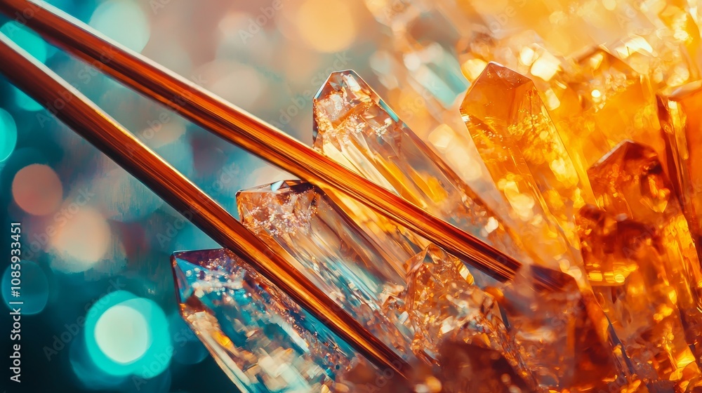 Poster a vibrant close-up of shimmering crystals illuminated with warm and cool light, creating a mesmerizi