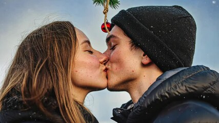 Snowy romance under mistletoe: young couple's tender kiss captured in winter magic - Powered by Adobe