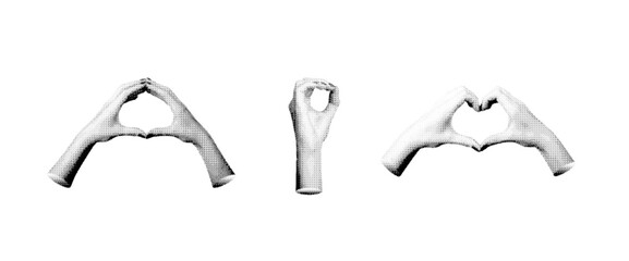 Two hands shaping circle, heart, finger signs and gestures isolated, halftone dotted vector illustration