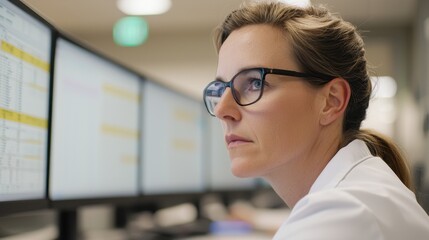A focused professional analyzing data on multiple computer screens in a modern office setting.