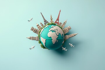 Naklejka premium Symmetrical Teal World Globe with Miniature Landmark Models and Airplanes - Travel Exploration Concept