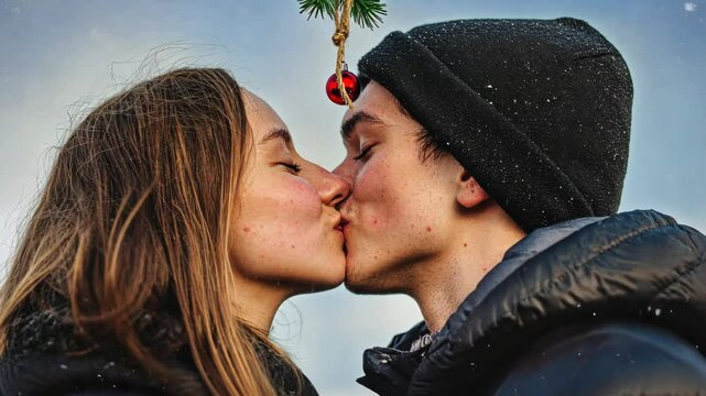 Snowy romance under mistletoe: young couple's tender kiss captured in winter magic