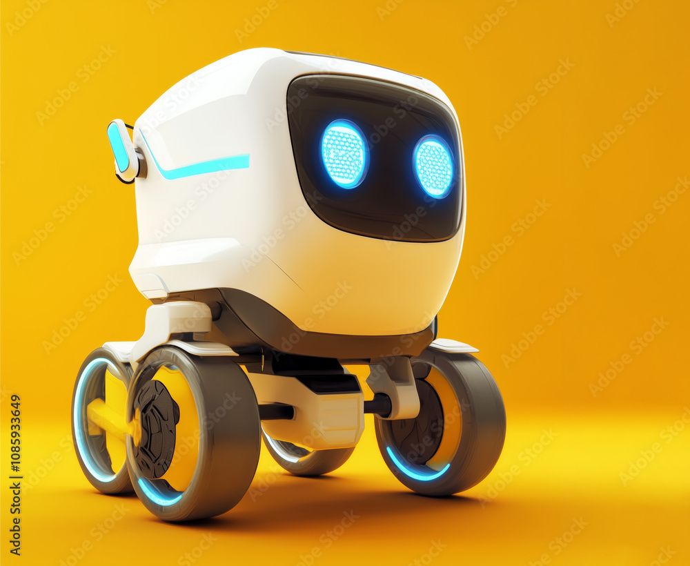 Poster cute robotic assistant exploring a bright yellow background during a futuristic display