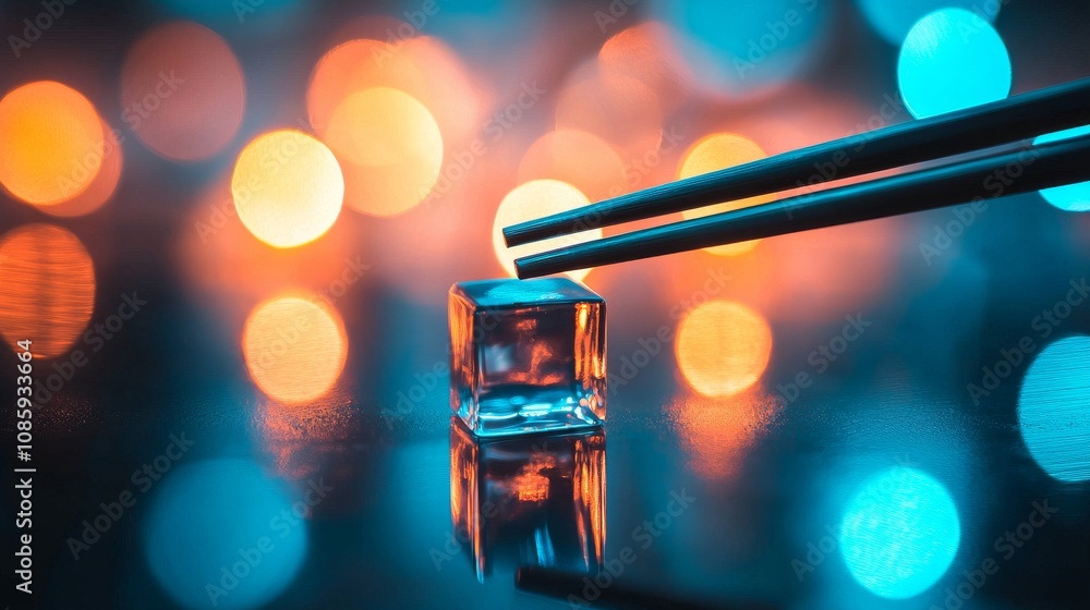 Poster a close-up of a clear ice cube being held with chopsticks, surrounded by colorful bokeh lights, crea