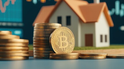 A close-up of stacked coins, featuring a Bitcoin, in front of a miniature house, symbolizing the intersection of cryptocurrency and real estate investment.