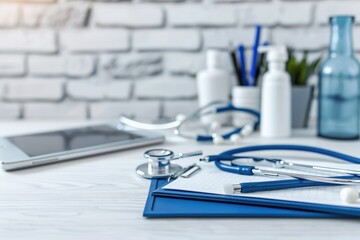 Closeup of a Medical Clipboard, Stethoscope, and Tablet