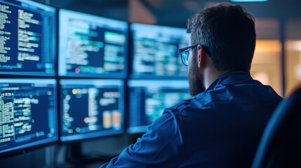 A focused individual analyzes data on multiple screens, surrounded by code and digital interfaces, highlighting a tech-savvy environment.