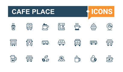 Cafe Place line icons set. Related to machine, bean, stroke, coffee, jug, leaf and more. Minimalistic web and UI icons. Vector line and solid icons.