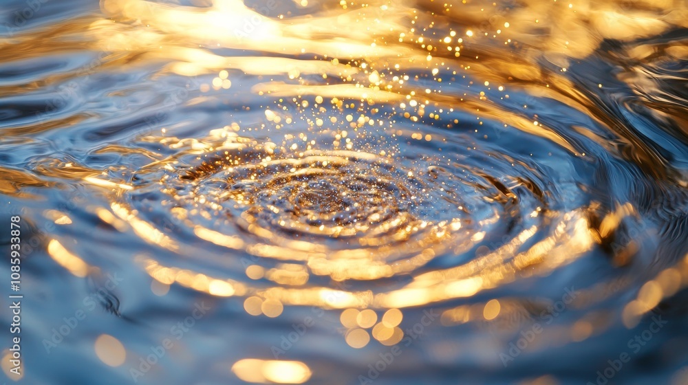 Poster a close-up of water ripples illuminated by golden light, creating a mesmerizing pattern of reflectio
