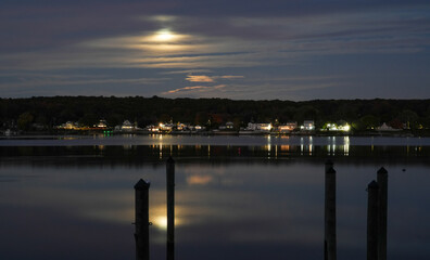 Night Sky Over the Niantic River City Lights Reflecting on the Water with Piers