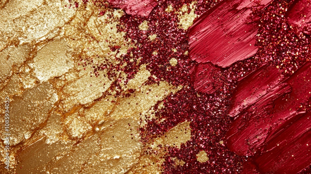 Poster a vibrant abstract texture featuring rich red and shimmering gold paint, creating a luxurious and dy