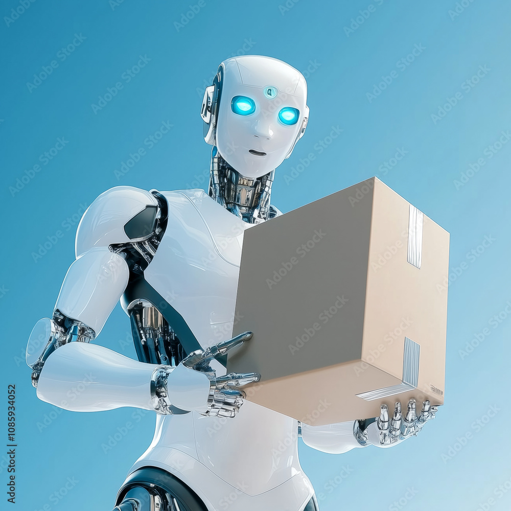 Aufkleber a futuristic robot with a cardboard box under a clear blue sky in a modern tech setting