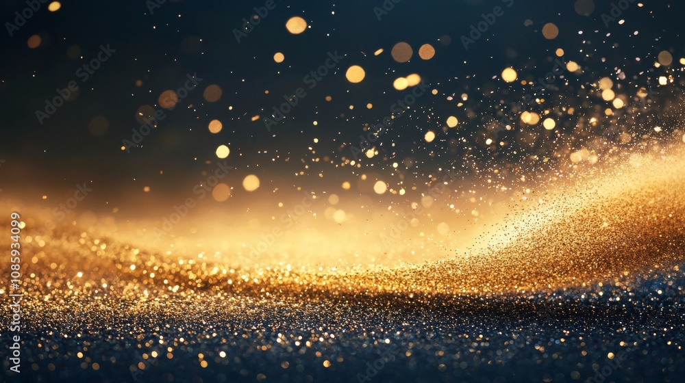 Poster a shimmering wave of golden particles glows against a dark background, creating a magical and enchan