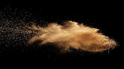 A dramatic splash of golden dust against a black background, creating a mesmerizing visual effect reminiscent of shimmering particles.
