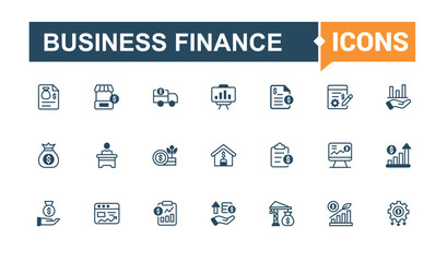 Business Finance linear icon collection. Containing accountant, payment, credit, economic, income, business, accounting. Outline icon collections. Vector illustration in modern line style.