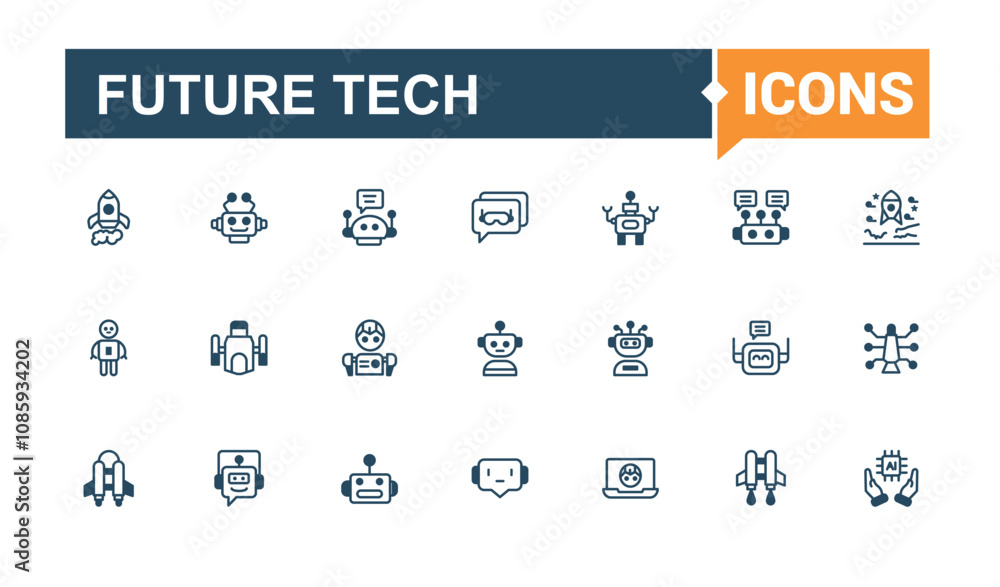 Poster future technology line icons set. featuring mind, innovation, algorithm, human, intelligence, iq, fu